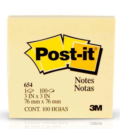 Post-it Notas Adhesivas Amarillas #654 - 76 x 76 mm x 100 hojas